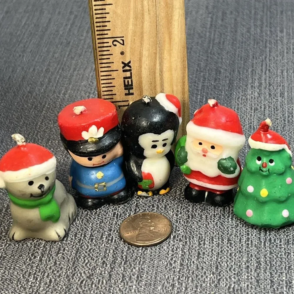 5 Tiny Treasures Miniature Christmas Candles Santa Penguin Soldier Tree Seal